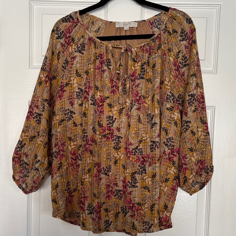 LOFT Women's Blouse - Mustard with Pink and Black Floral